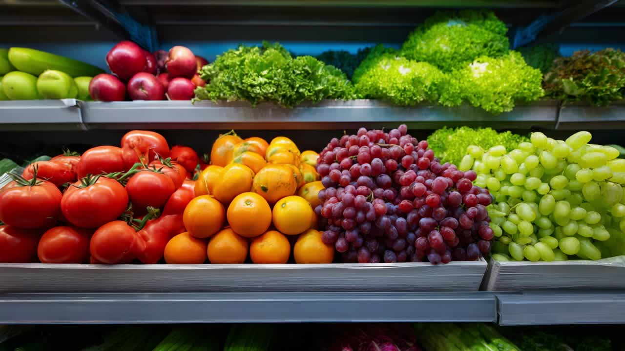 A Colorful Display of Fresh Fruits and Vegetables on Shelves: Vibrant Tomatoes, Oranges, Grapes, and Lush Greens Showcasing Healthy Options in a Market Environment with Abundant Variety