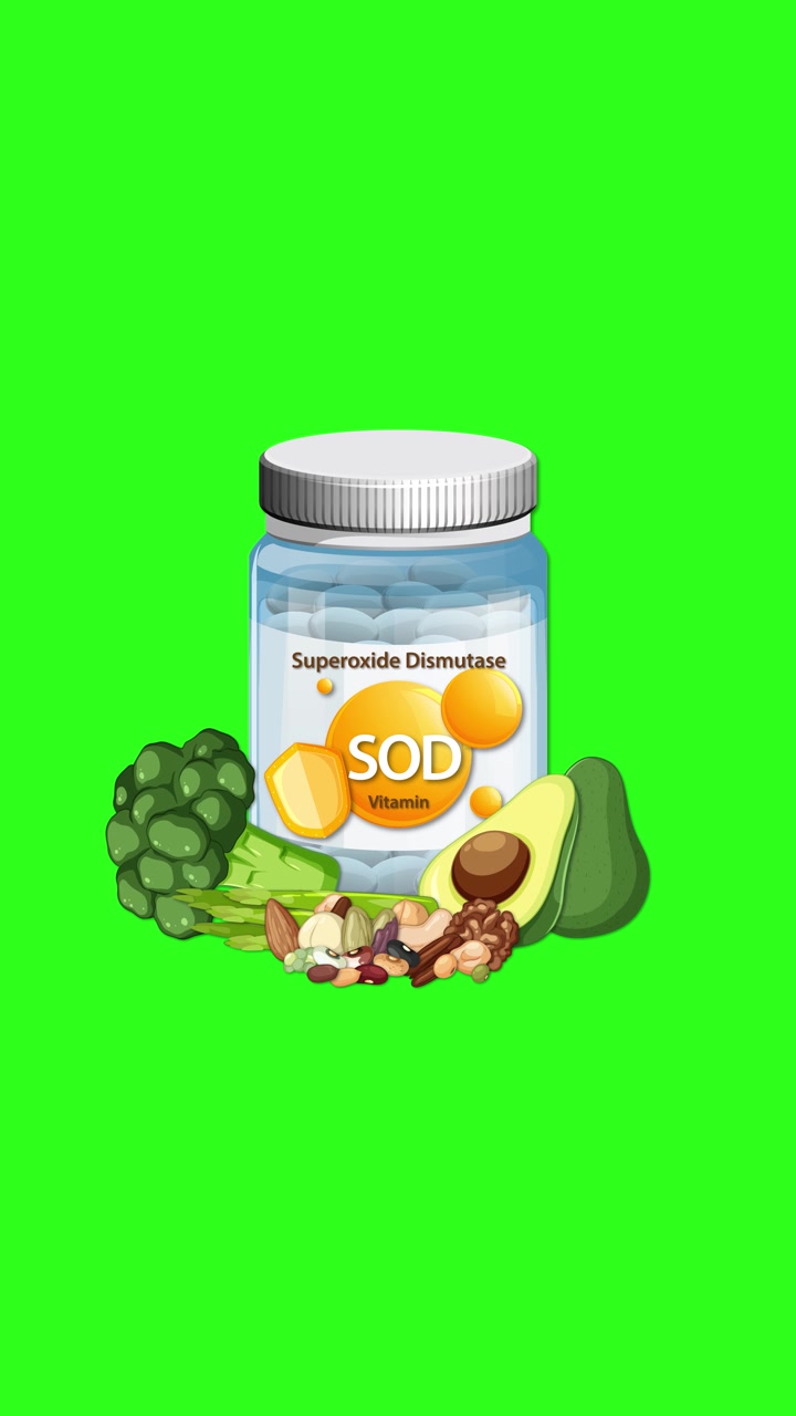 Flacone di vitamine con etichetta di superossido dismutasi, circondato da alimenti sani, su sfondo green screen.