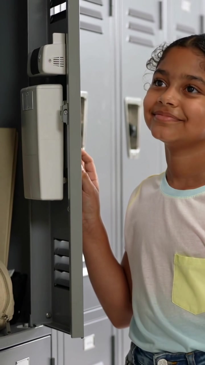 Vertical video: Hand touching latch, girl opening locker at school getting bag and checking device
