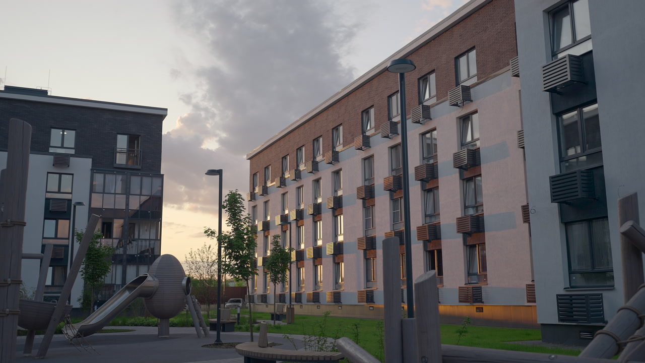 Playground Silhouette In Residential Courtyard Dusk, Soft Sunset Glow On Facades, Modern Play Equipment