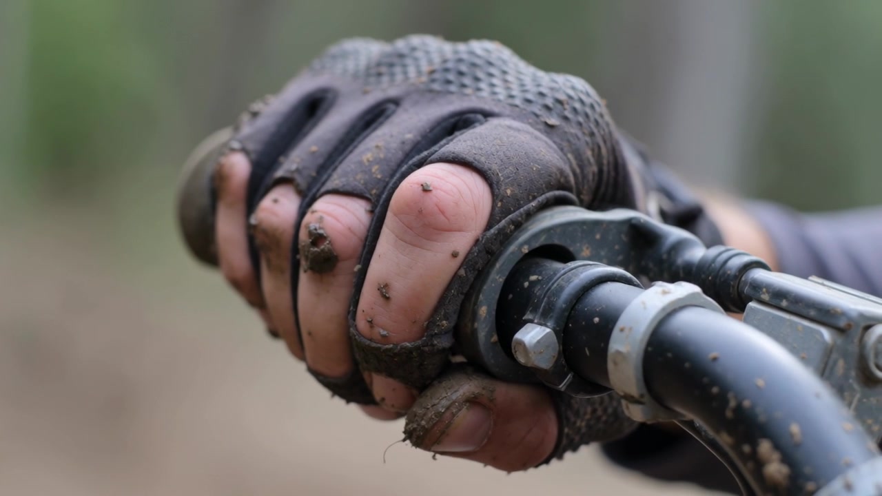Gripping right hand with fingerless glove adjusting grip from trail vibration, controlling brake