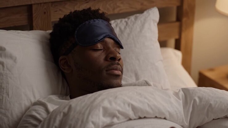 A Peaceful Night: A Man in Deep Sleep with an Eye Mask, Embraced by Soft Pillows and Cozy Blankets in a Calm Bedroom Atmosphere
