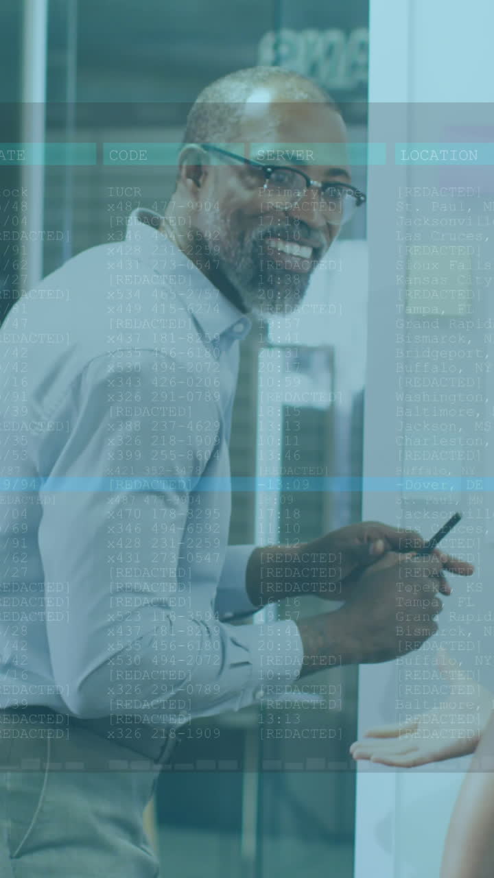 Animation of data processing over diverse business people talking