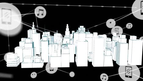 Animation-Eines-Netzwerks-Von-Verbindungen-Mit-Symbolen-über-Einer-3D-Stadtzeichnung-Auf-Schwarzem-Hintergrund