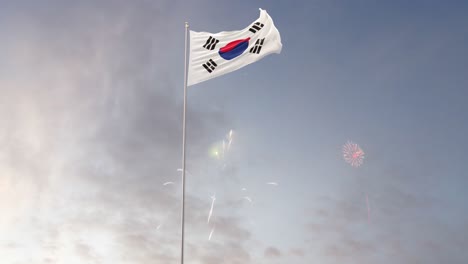 bandera coreana con fuegos artificiales en el fondo
