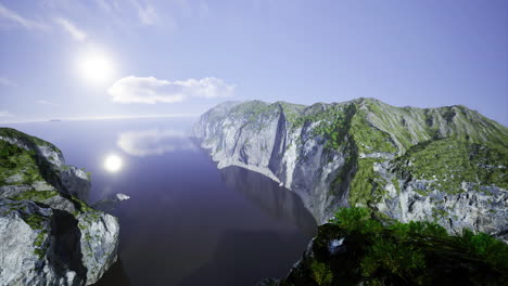 serene coastal cliffs under bright sunlight reflecting on calm waters