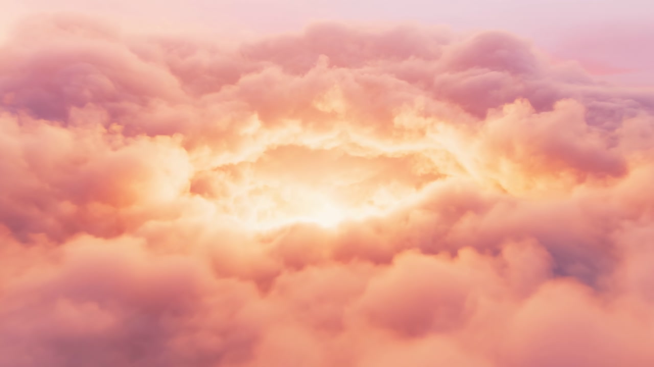 Golden Sunset Clouds Glowing Above Horizon Soft Pastel Pink And Orange Tones Dense Fluffy Clouds Framing