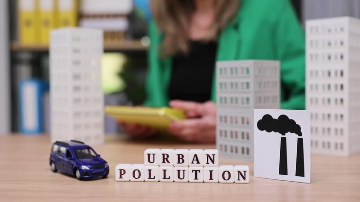 Visual representation of urban pollution with a miniature city and a car