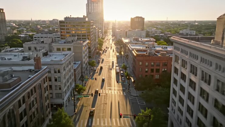 Paesaggio urbano all'ora d'oro: viste aeree di strade urbane immerse nella calda luce del tramonto che evidenziano la vivace vita e il movimento di una città frenetica