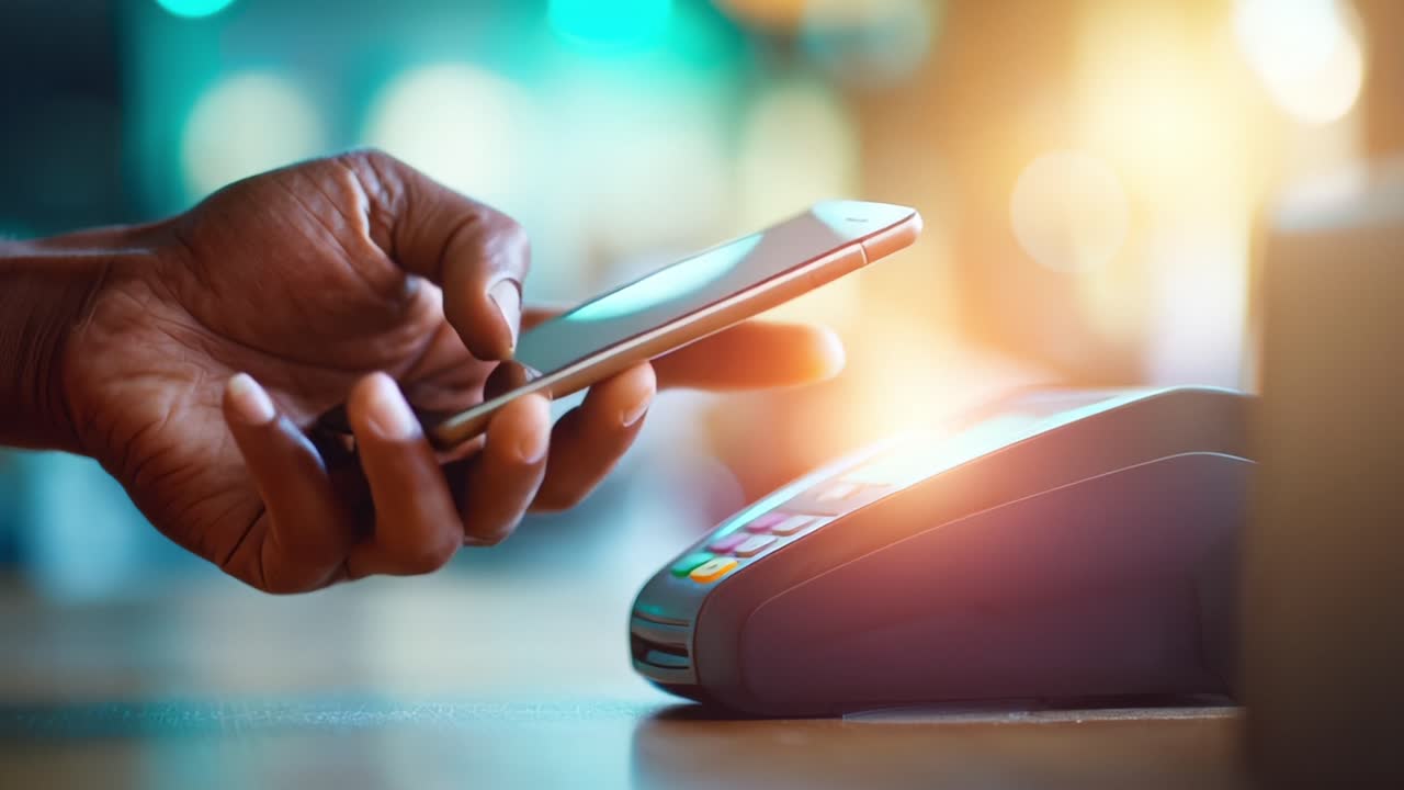 Contactless Payment Technology in Action: A Close-Up of a Hand Using a Smartphone to Complete a Transaction at a Payment Terminal with Soft Lighting and Vibrant Colors