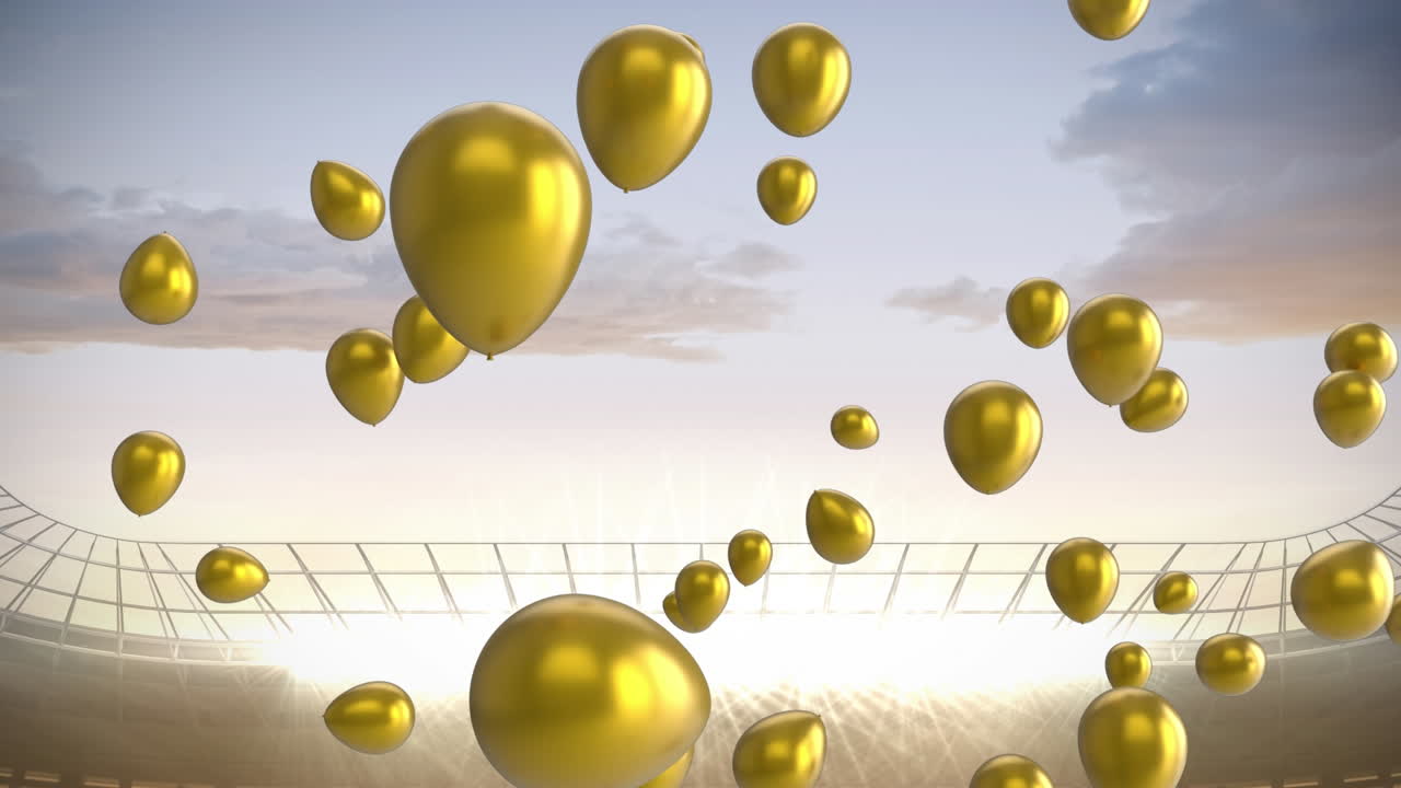 Animation of gold balloons floating over stadium