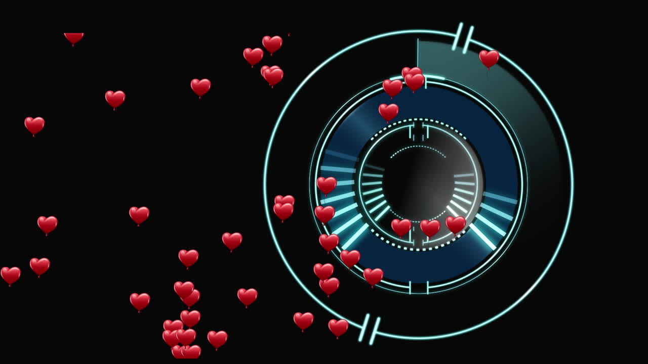 animación de corazones sobre escaneo de alcance en fondo negro