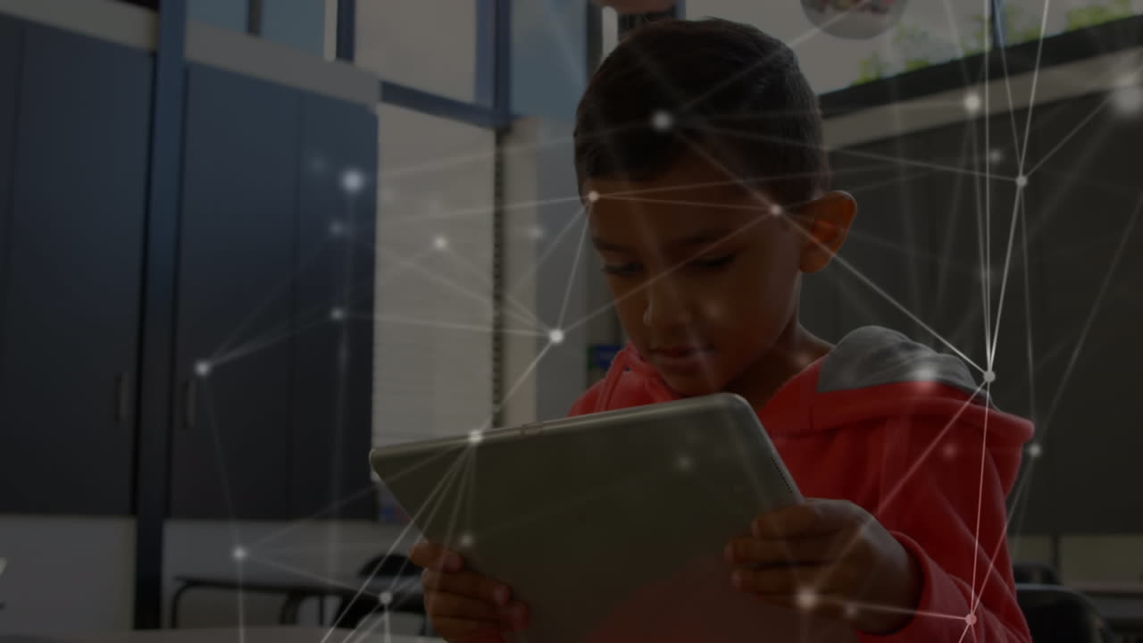 Animation of network of connections with data processing over schoolboy using tablet