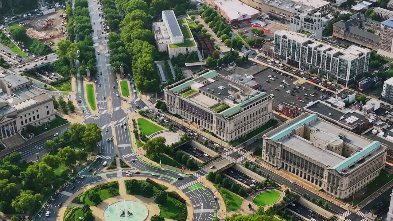 Urban landscape of Philadelphia captured from above showing city life