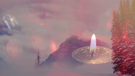 candle flame and glitter animation over snowy mountain landscape with trees