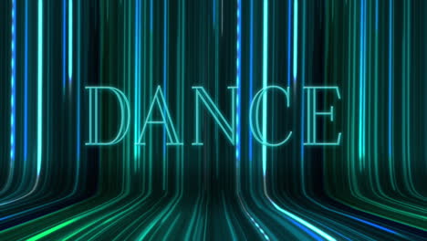 animation of dance text over light trails on black background