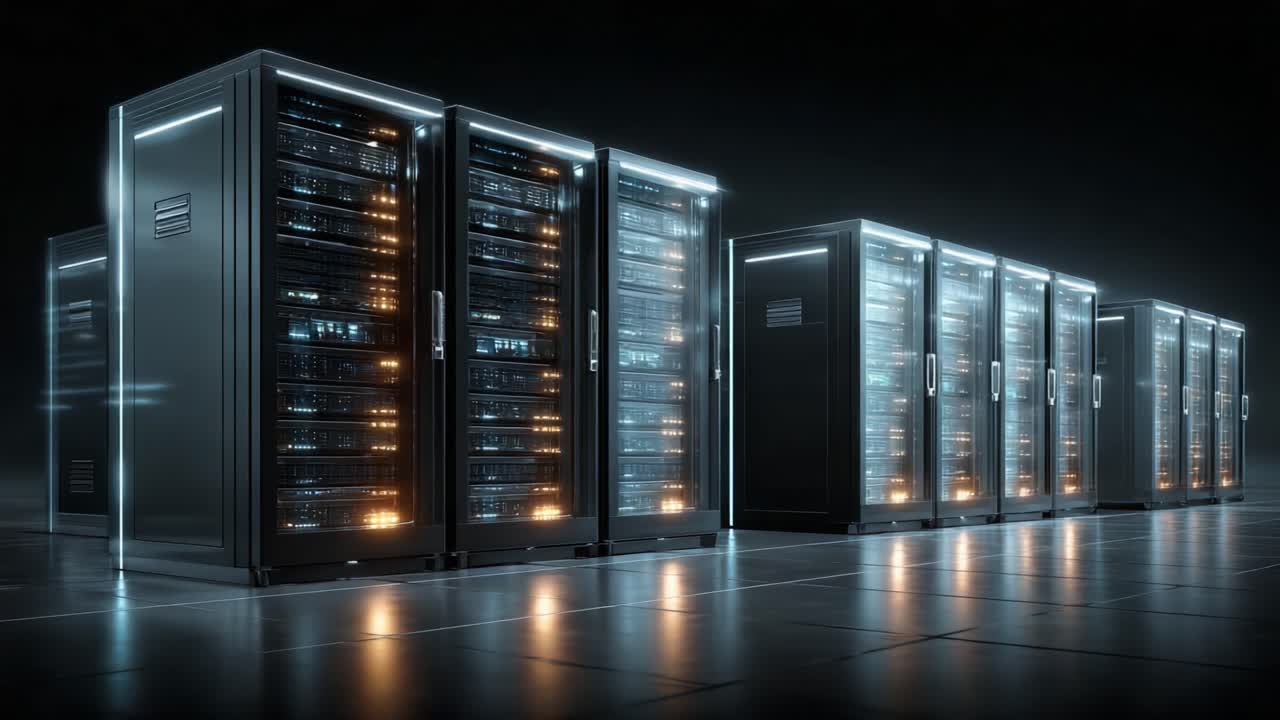 Un data center all'avanguardia che mostra file di server ad alte prestazioni illuminati con LED luminosi, mettendo in mostra tecnologie avanzate ed efficiente gestione dei dati