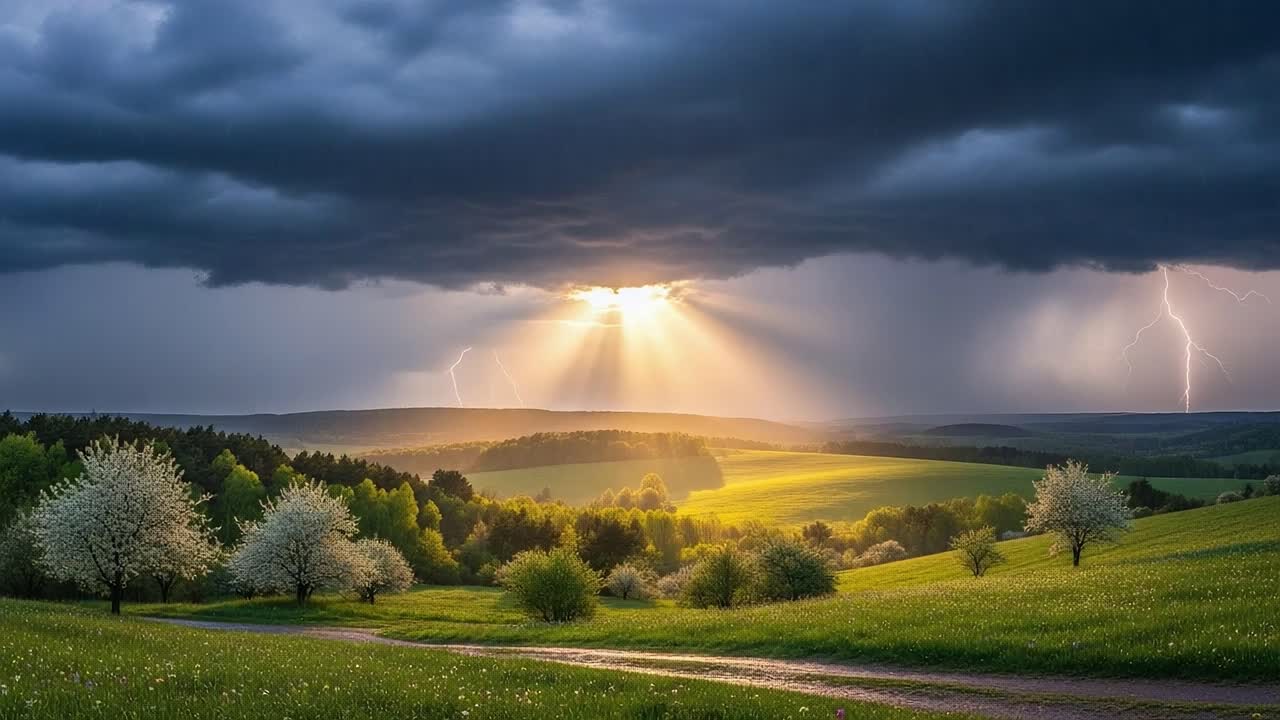Dramatic Landscape Under Stormy Skies: Captivating Rays of Light Breaking Through Dark Clouds Over Lush Green Fields with Blossoming Trees in the Foreground
