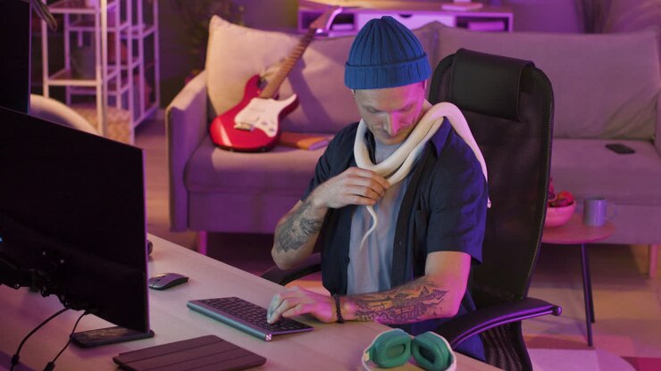 Man Sitting At Desk And Holding A Snake Around His Neck While Using The Computer