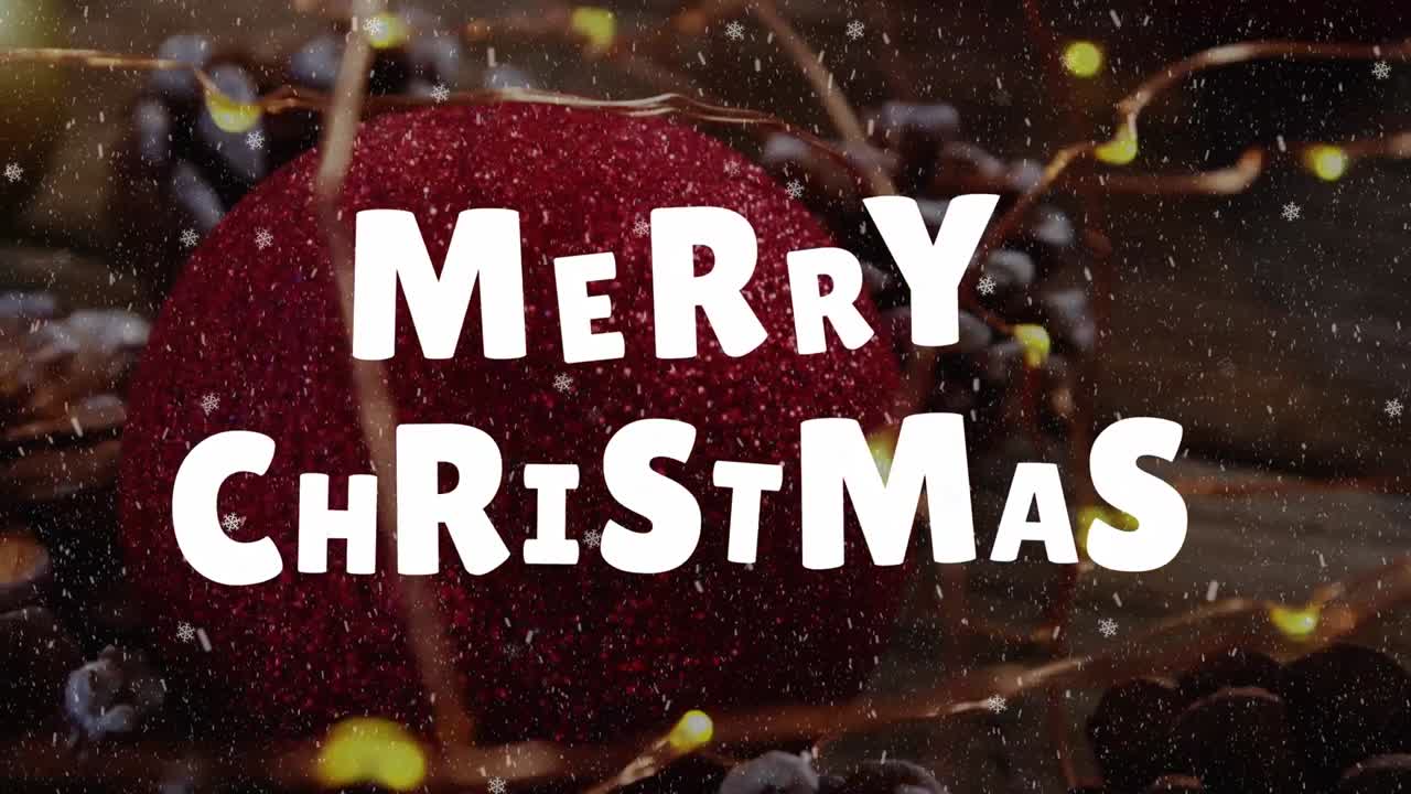 나무 바탕에 크리스마스 장식물에 내리는 눈 위에 메리 크리스마스의 애니메이션