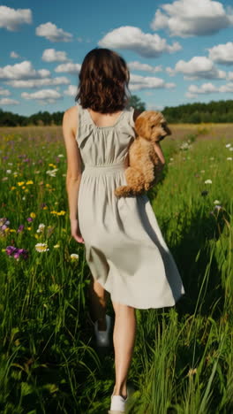 woman walking through a sunlit field carrying her dog