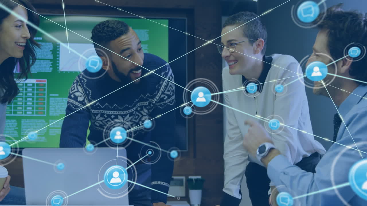 Animation of network of connections with people icons over diverse business people in office