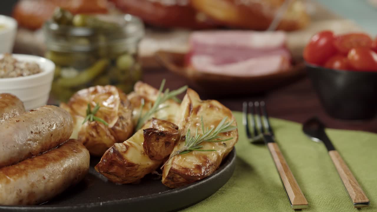 Primo piano di salsicce e patate arrosto con mano che posiziona le posate