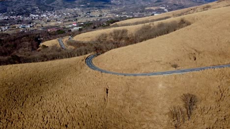 金色の草の丘を通る曲がりくねった道で孤独な車木もなく日光もなく空から見える