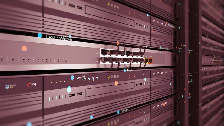 Close Up Modern Server In a Data Center. Futuristic Seamless Loop.