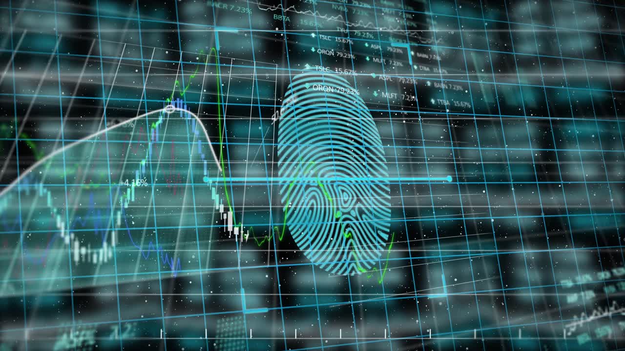 Animation of fingerprint and padlocks over data processing