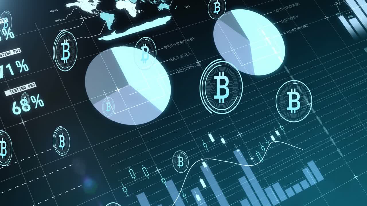 animación del procesamiento de datos sobre los símbolos de bitcoin