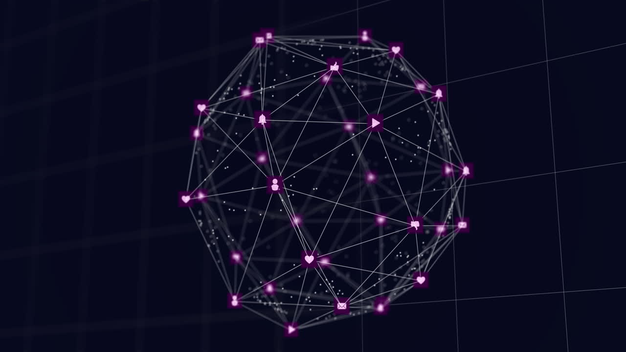 animación de conexiones de red púrpura que forman un globo con iconos de redes sociales en fondo negro