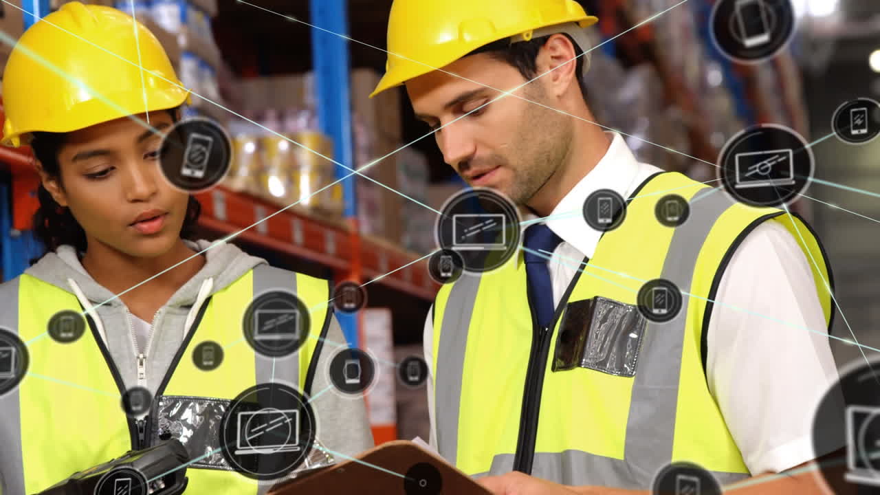 Animation of networks of connections with icons over people working in warehouse