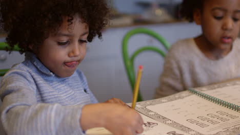 Dos-Niños-Haciendo-Los-Deberes-En-La-Mesa-De-La-Cocina-Filmados-En-R3d