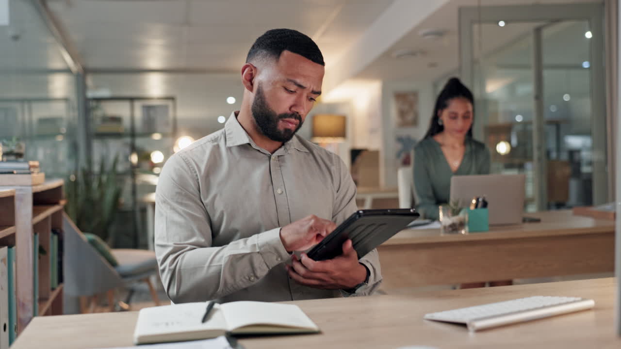Tablet, research and business man at desk