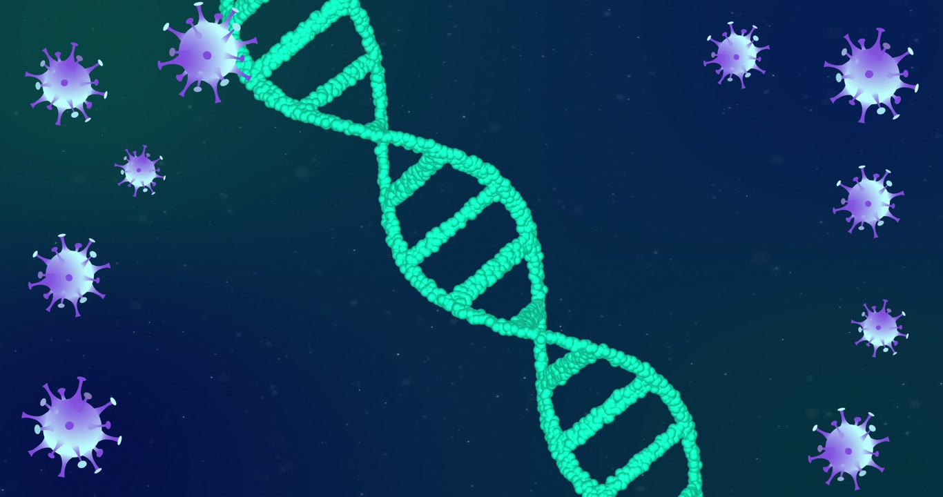 Animation of covid 19 cells moving and dna strand spinning