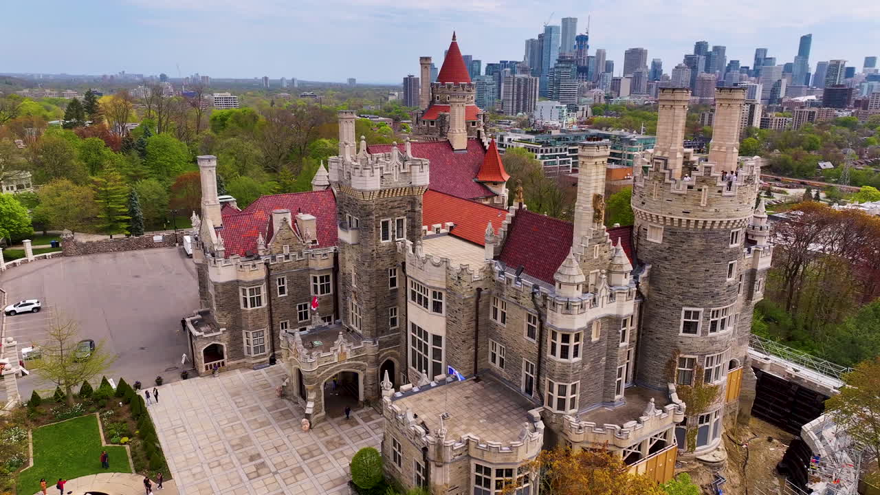 Aerial drone 360 flight around the Casa Loma grounds in Toronto