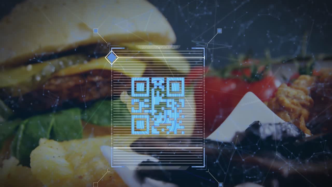 animación de código qr azul con conexiones web a través de una comida rápida