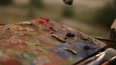 Close-up-of-a-woman's-hand-artist-squeezes-out-the-paints-from-the-tube-on-palette.-Preparing-for-art-work-outdoors