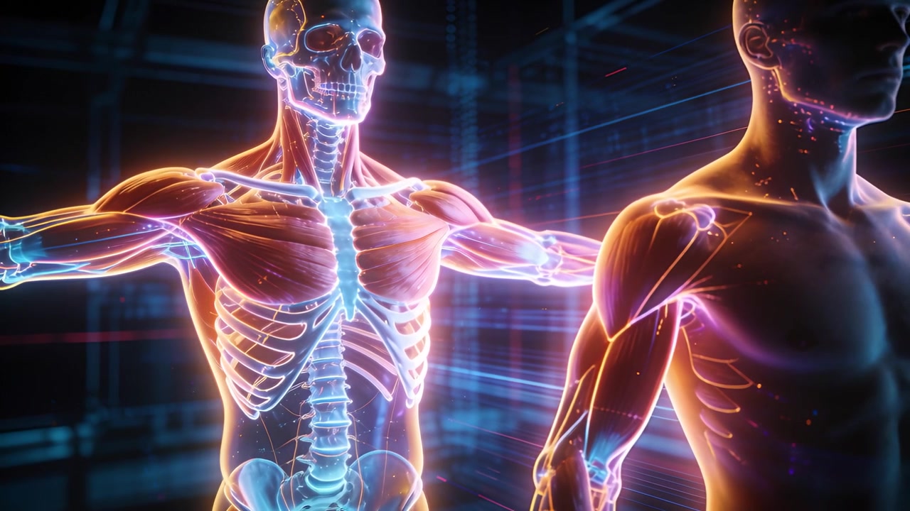 Panning camera drawing skeletal and muscular models closer for comparison on holographic grid