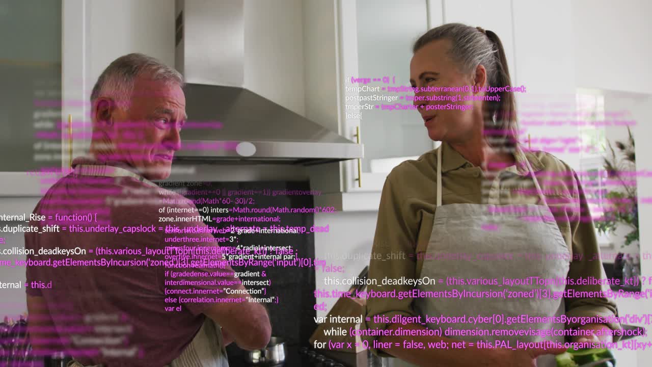 After woman peeling green vegetable, man stirring pot by range hood exchanging glance for meal prep