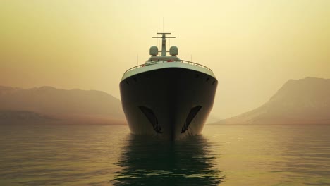 fly away from generic modern luxury yacht. mountains in background during sunset. boat on the ocean or sea water symbolizing vacation, tourism, holidays and sailing.