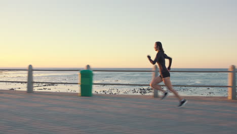 running, cardio and woman at promenade during