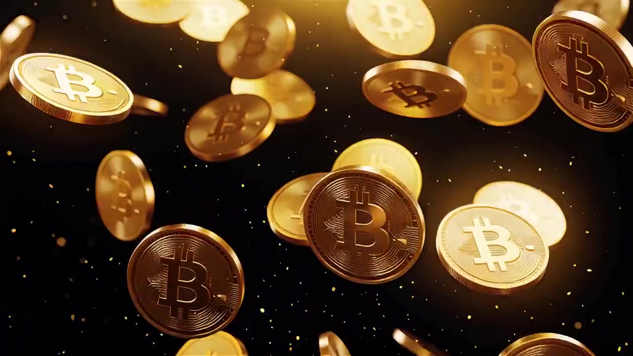 Bitcoin in rotazione su sfondo nero drammatico 4k