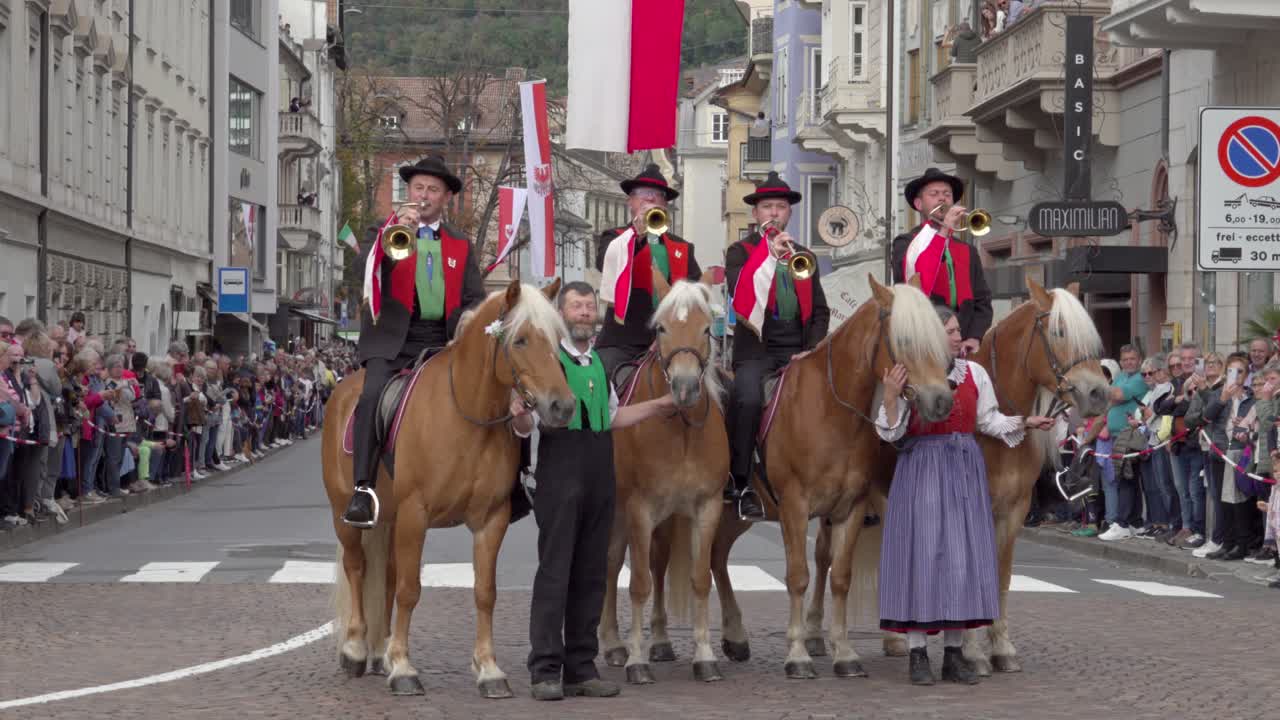 Fanfare trumpet players at the annual grape festival, Meran - Merano, South Tyrol, Italy (part 3 of 3)