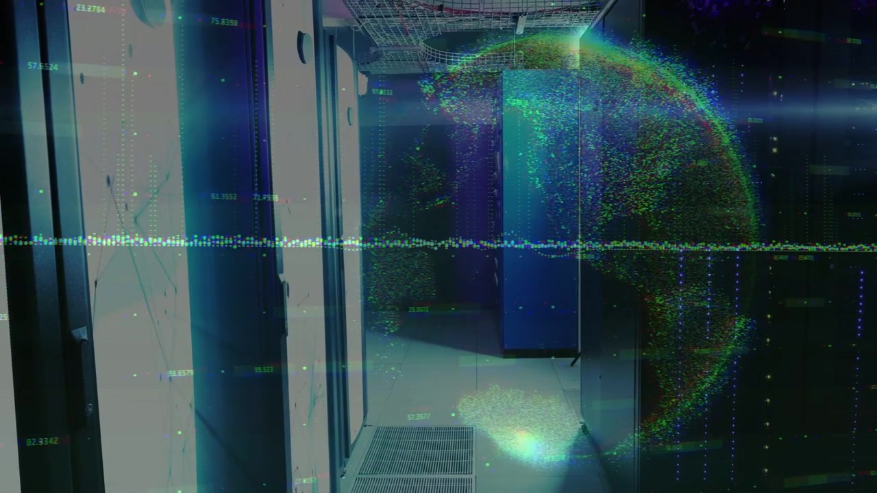 Corridoio di server immobile in un data center, forma d'onda che attiva una sfera olografica, visualizzando metriche