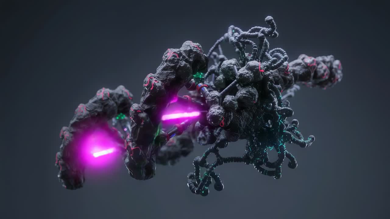 Pulserende organisk masse som roterer i et grått studio, magenta hulrom som intensiveres og glødende DNA-heliks