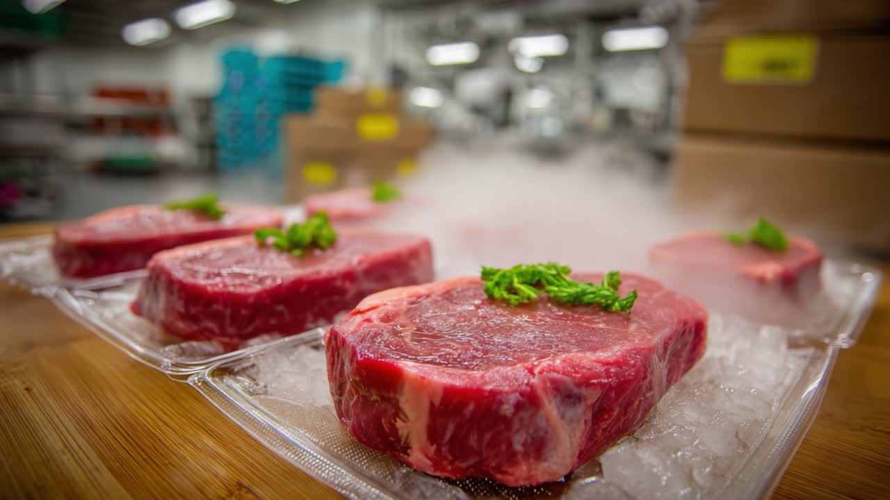 A Fresh Display of Premium Cuts: The Juicy Ribeye Steaks Resting on Ice Amidst a Controlled Environment Ready for Culinary Delight
