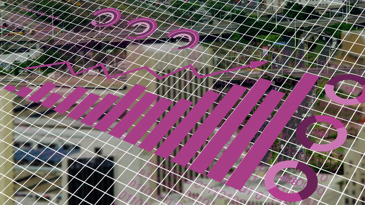 Griglia diagonale che appare, sovrapposizione magenta che si anima, barre che si alzano, linea che forma una freccia, mostrando le vendite.