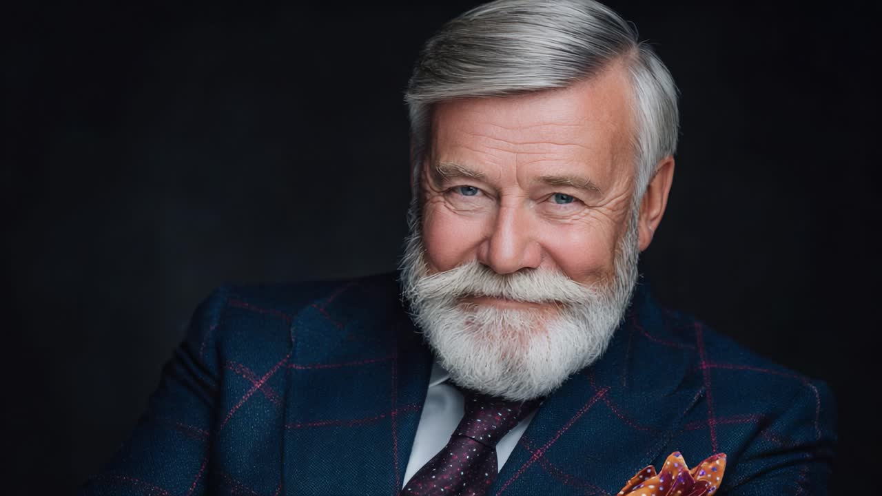 Portræt af en elegant ældre herre med et distingveret skæg og stilfuld påklædning, der udstråler selvtillid og karisma i en mørk baggrundsindstilling.